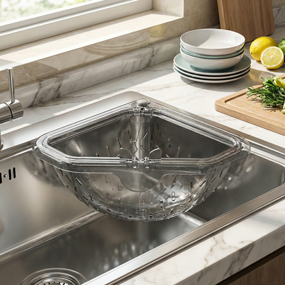 MCOIKY® Magnetic draining triangular kitchen sink filter for storing food scraps, leftovers, and kitchen waste.