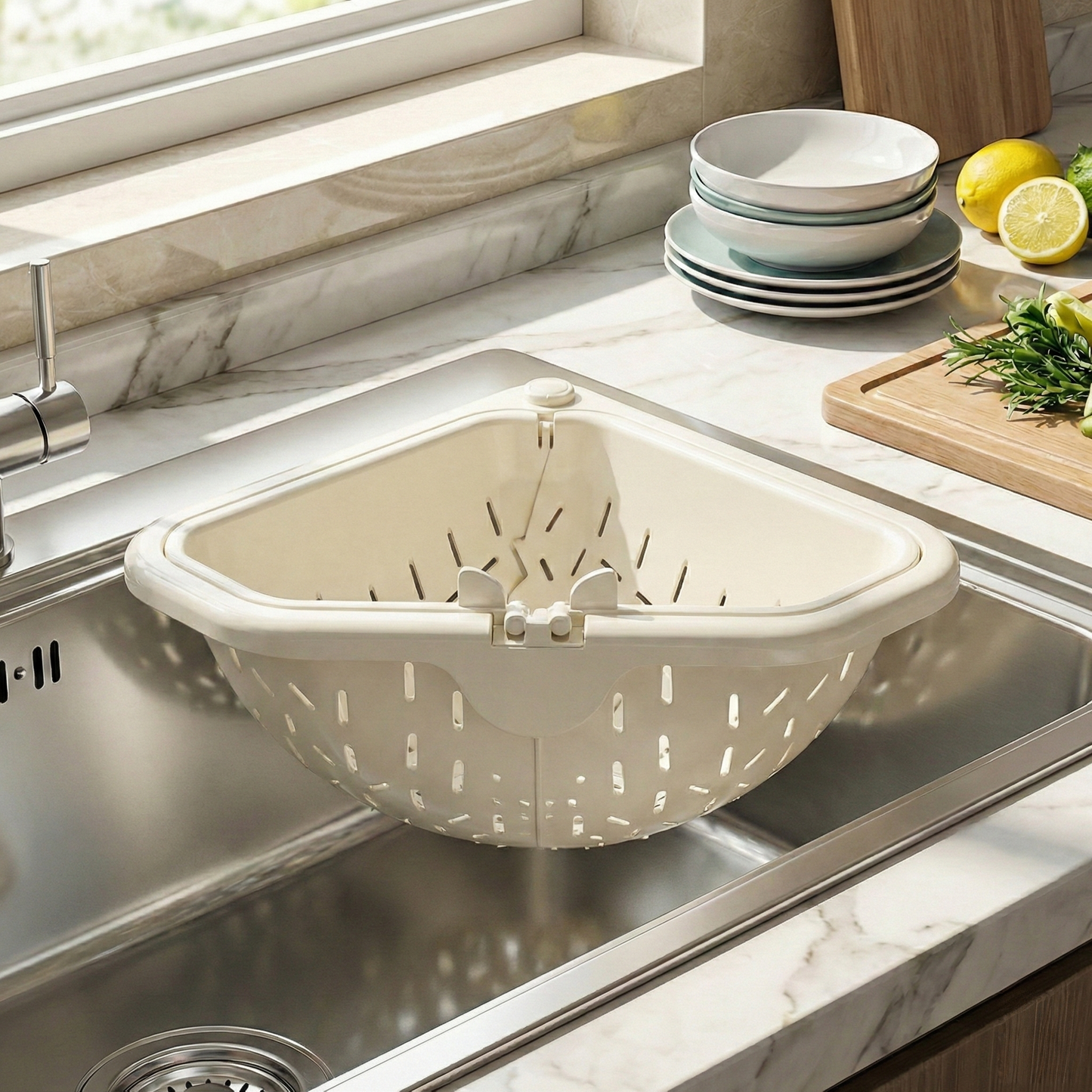 MCOIKY® Magnetic draining triangular kitchen sink filter for storing food scraps, leftovers, and kitchen waste.